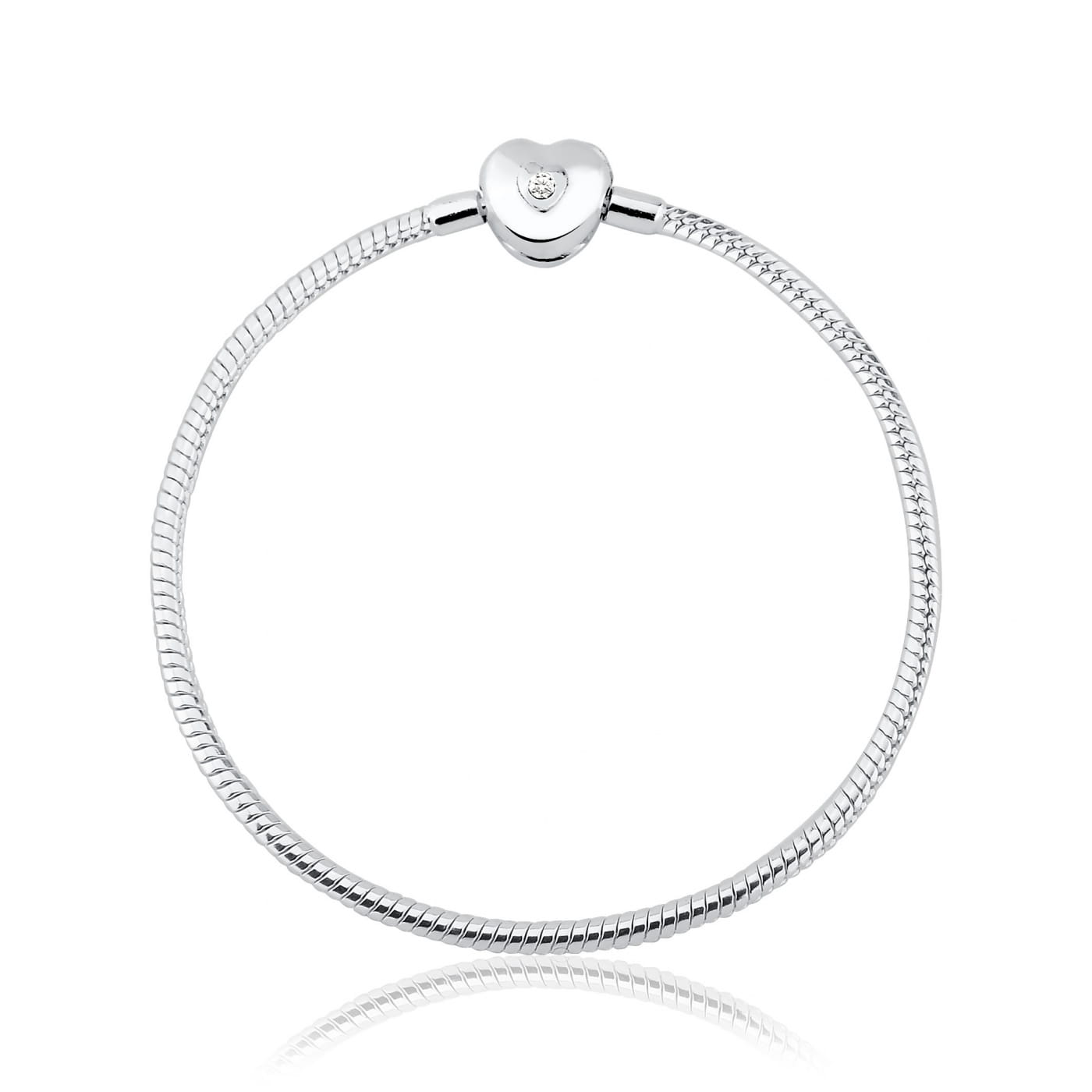 Pulseira 20cm em Prata 925 Para Berloques Estilo Europeu com Fecho Coração Zircônia