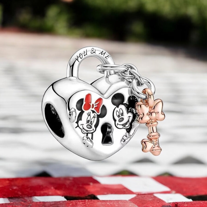 Berloque Cadeado do Amor Mickey e Minnie em Prata 925