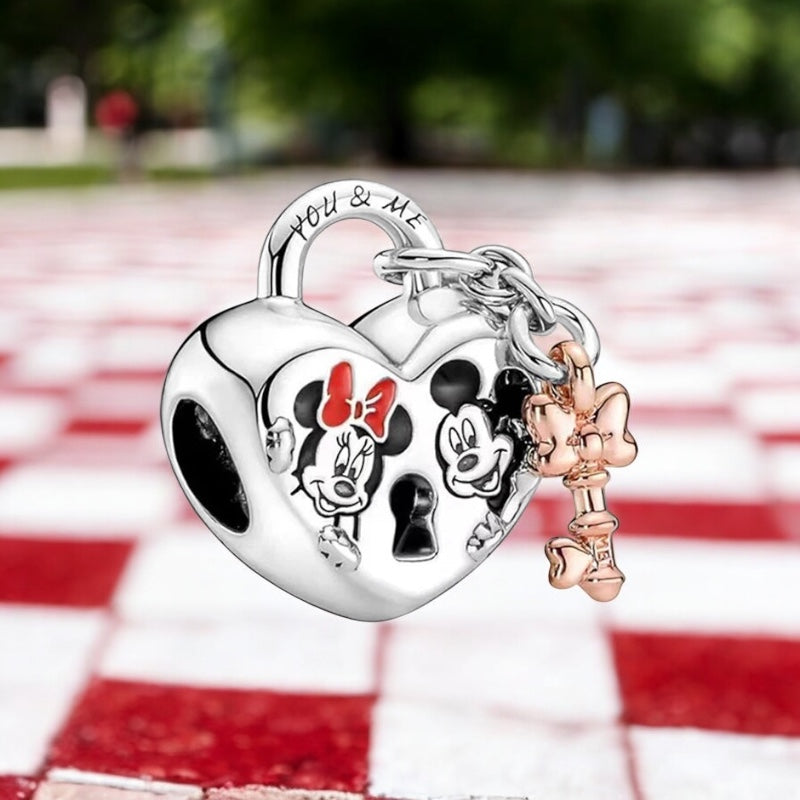 Berloque Cadeado do Amor Mickey e Minnie em Prata 925