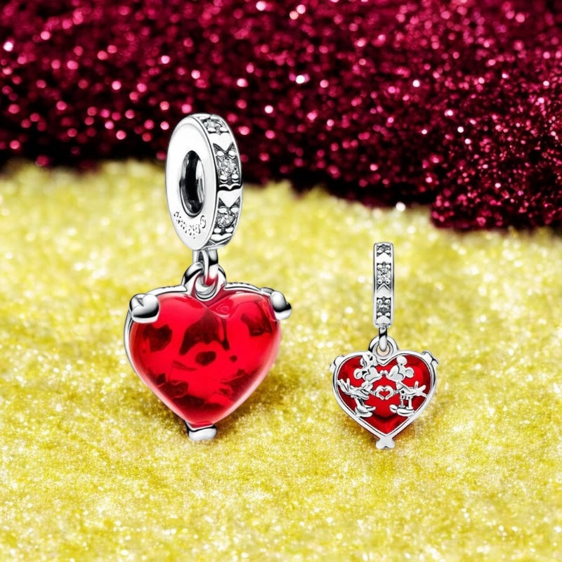 Berloque Coração Vermelho Mickey e Minnie em Prata 925