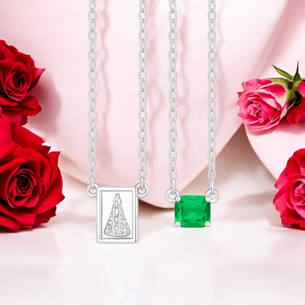 Escapulário Nossa Senhora Ap Pedra Octogonal Esmeralda 5x7mm Prata 925