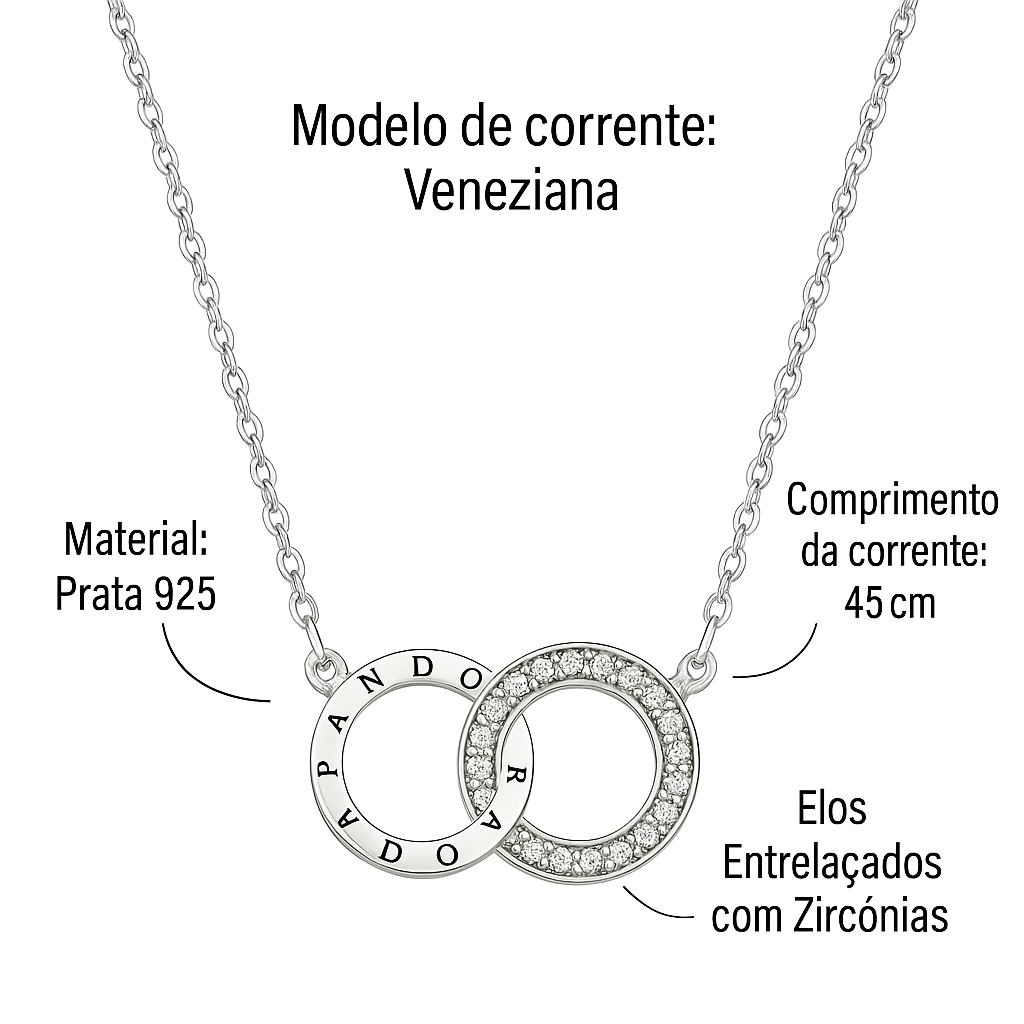 Colar Inspiração Pandora Prata 925 45cm - Elos Entrelaçados com Zircônias