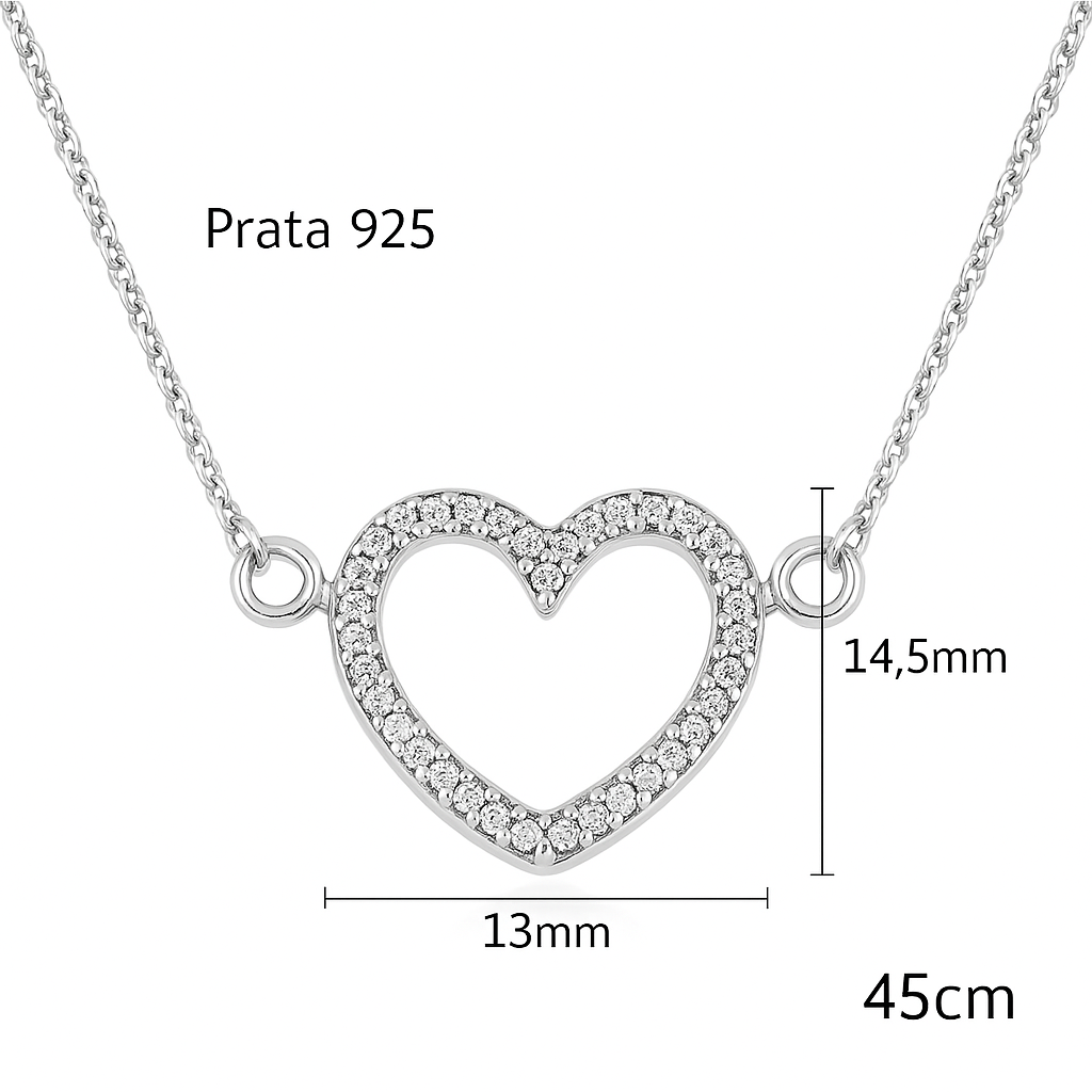 Gargantilha Coração Cravejado em Prata 925 45cm Design Inspirador