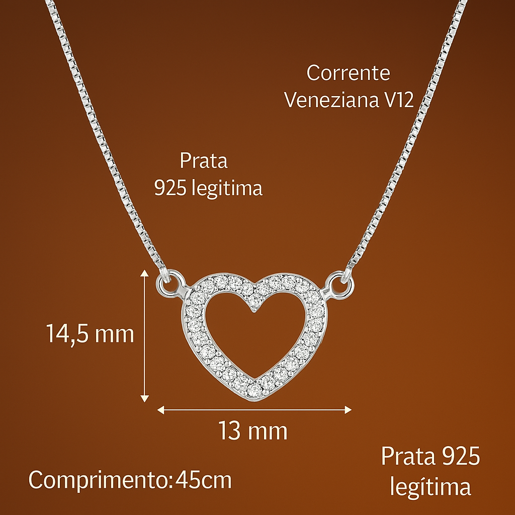 Gargantilha Coração Cravejado em Prata 925 45cm Design Inspirador