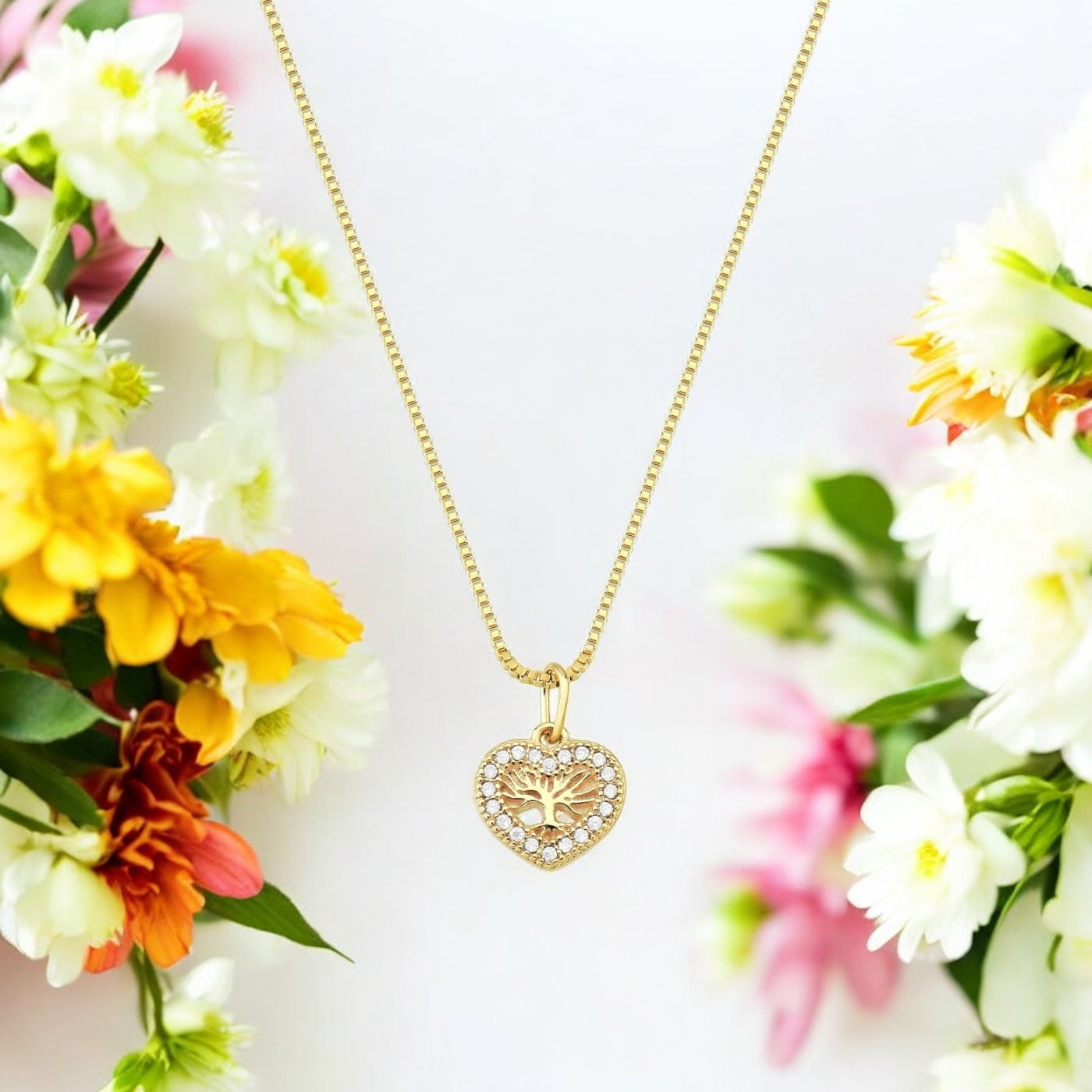 Colar Coração Árvore da Vida com Zircônias – Folheado a Ouro 18K 45cm + 5cm