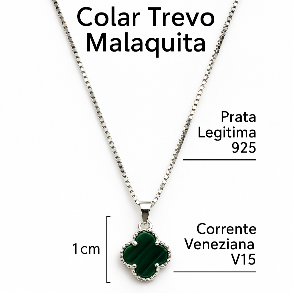 Colar Trevo Malaquita Prata 925 Legítima Elegante e Sofisticado
