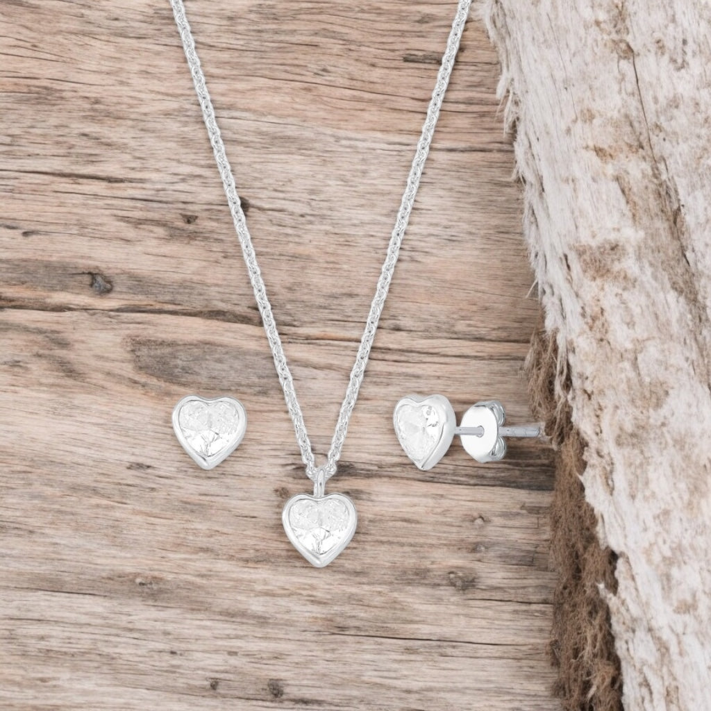 Conjunto Prata 925 com Coração Cristal - Gargantilha e Brincos