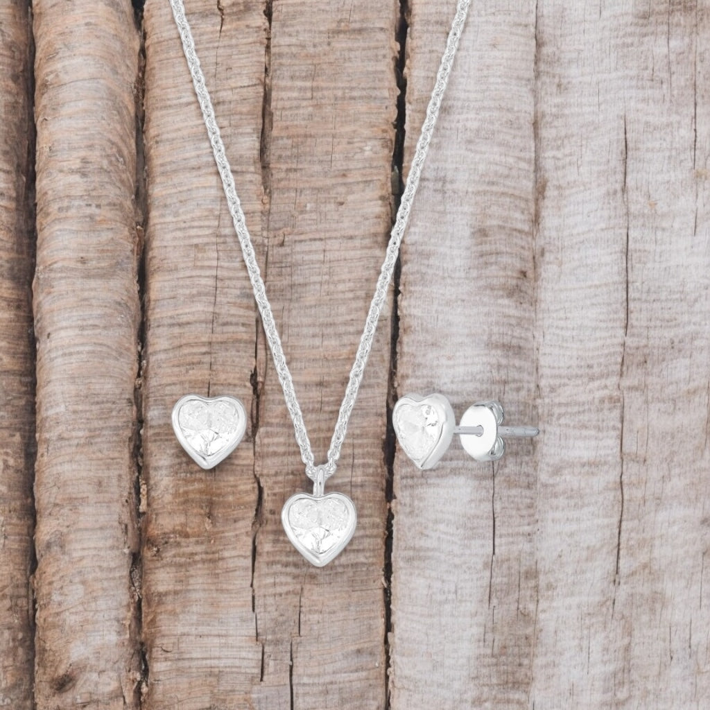 Conjunto Prata 925 com Coração Cristal - Gargantilha e Brincos