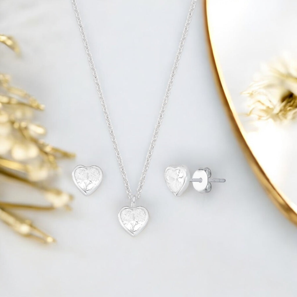 Conjunto Prata 925 com Coração Cristal - Gargantilha e Brincos