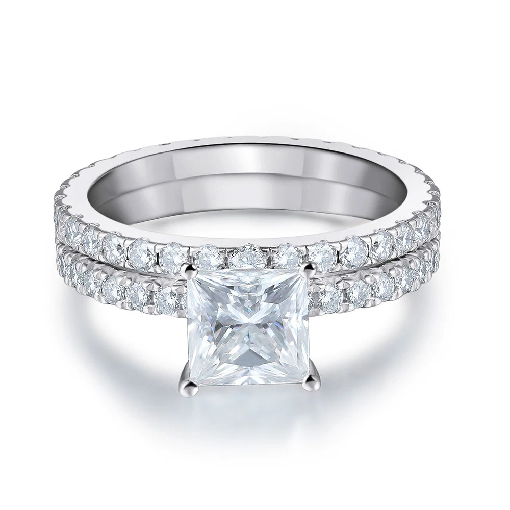 Conjunto de Anéis Moissanite Princess Glow em Prata 925 com Ouro Branco 18k