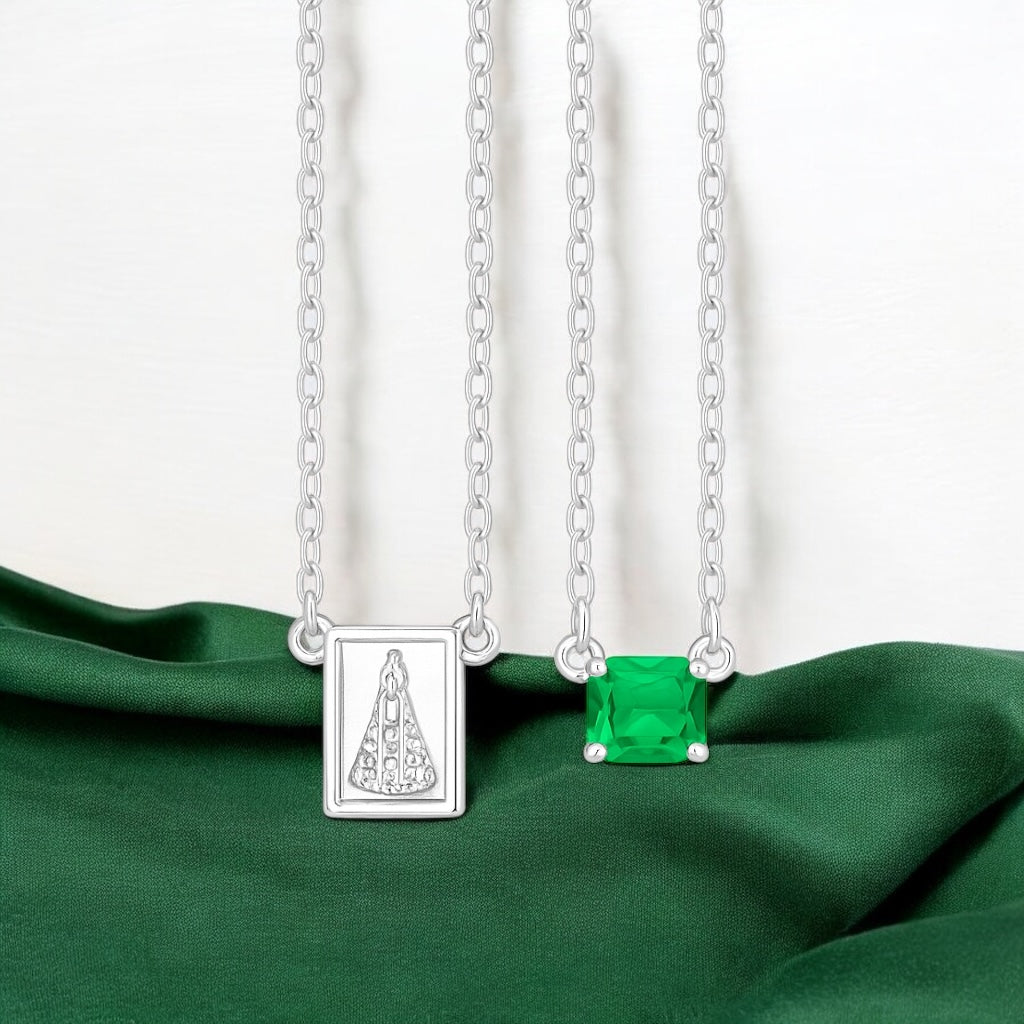 Escapulário Nossa Senhora Ap Pedra Octogonal Esmeralda 5x7mm Prata 925