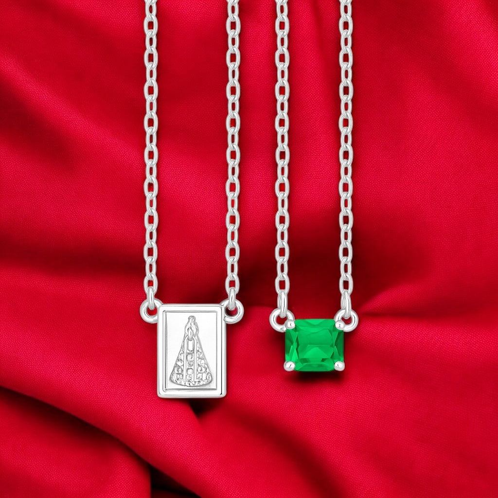 Escapulário Nossa Senhora Ap Pedra Octogonal Esmeralda 5x7mm Prata 925