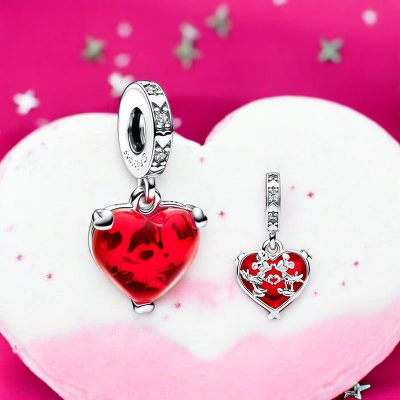 Berloque Coração Vermelho Mickey e Minnie em Prata 925