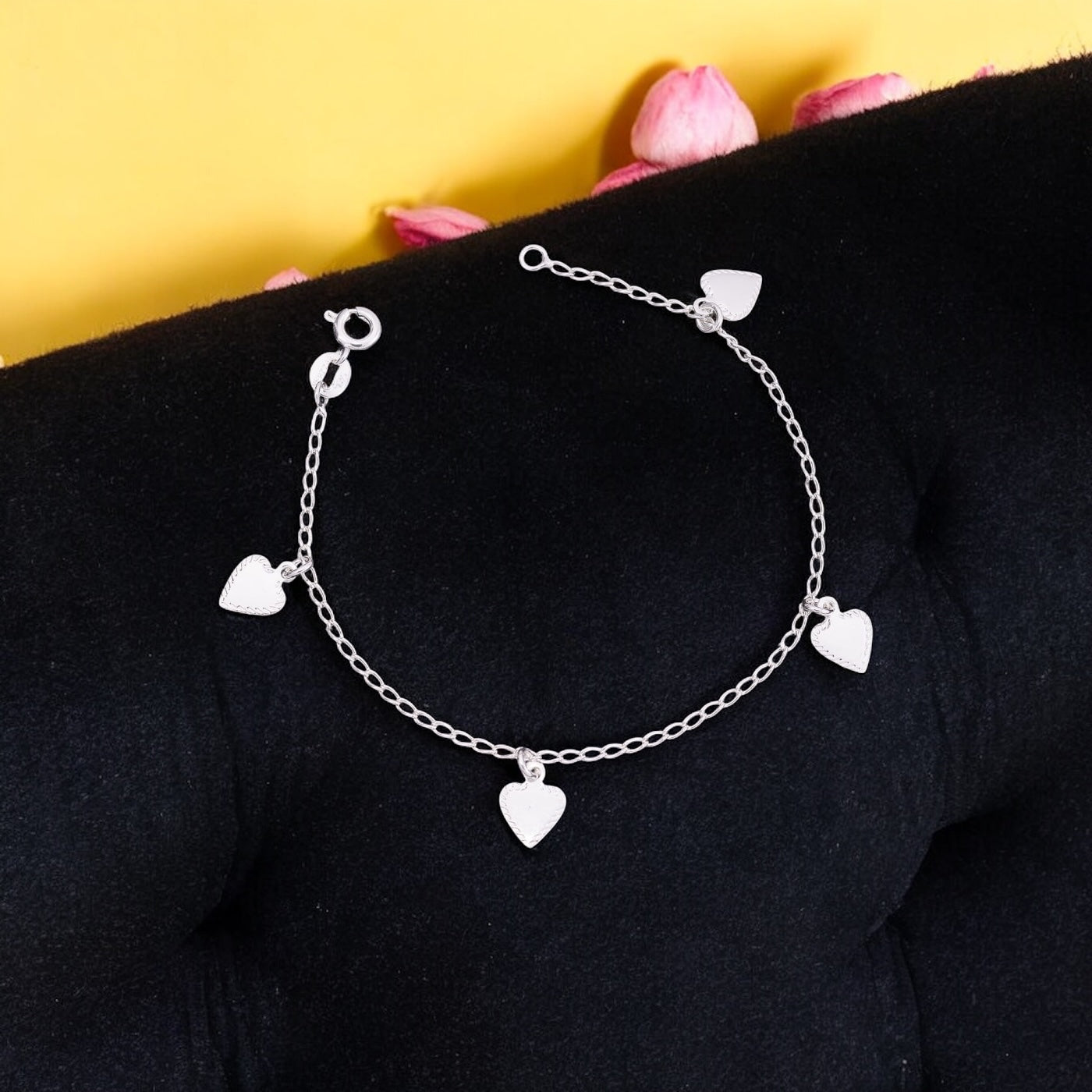 Pulseira Amorzinho com Pingentes de Coração – Prata 925 | 16cm + Extensor