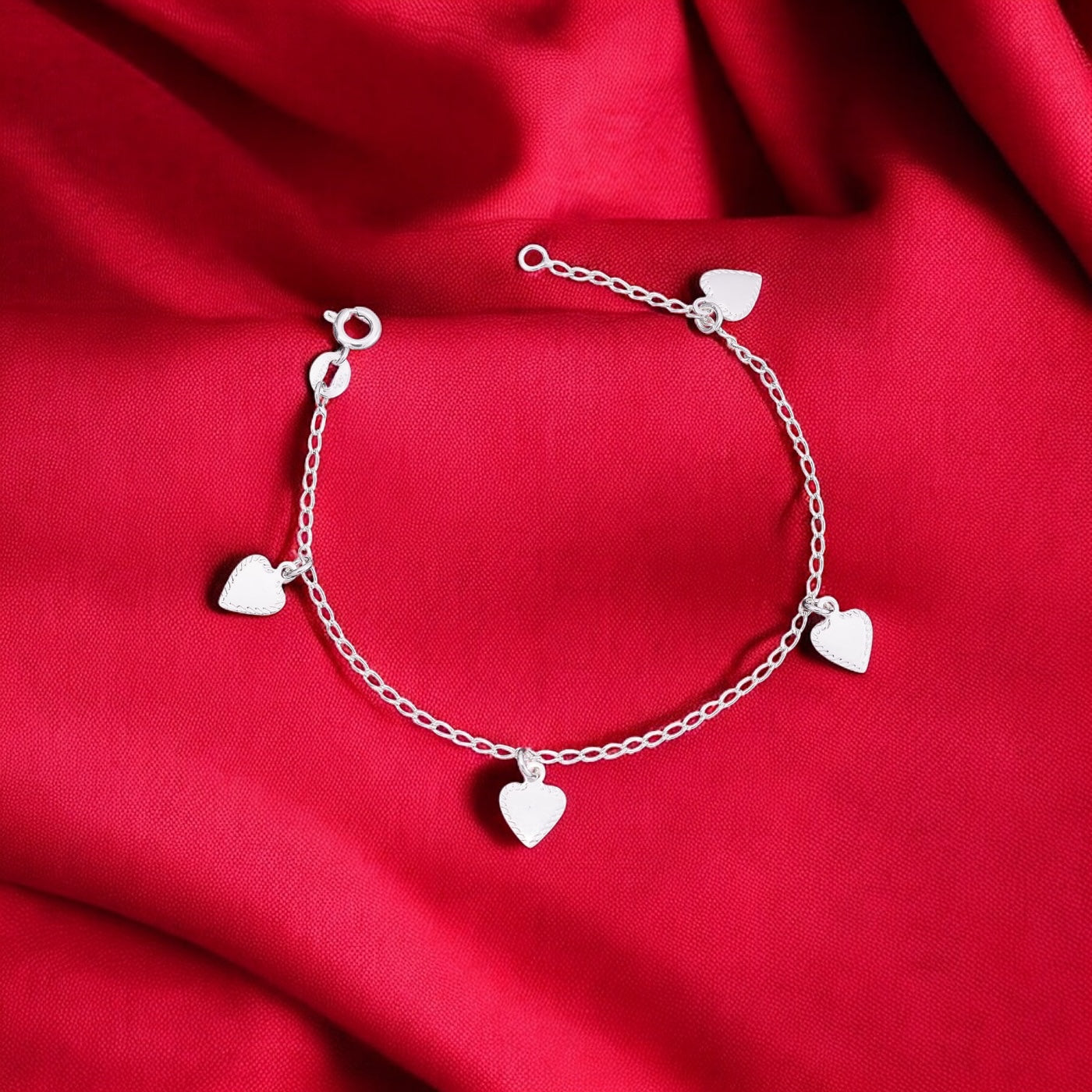 Pulseira Amorzinho com Pingentes de Coração – Prata 925 | 16cm + Extensor