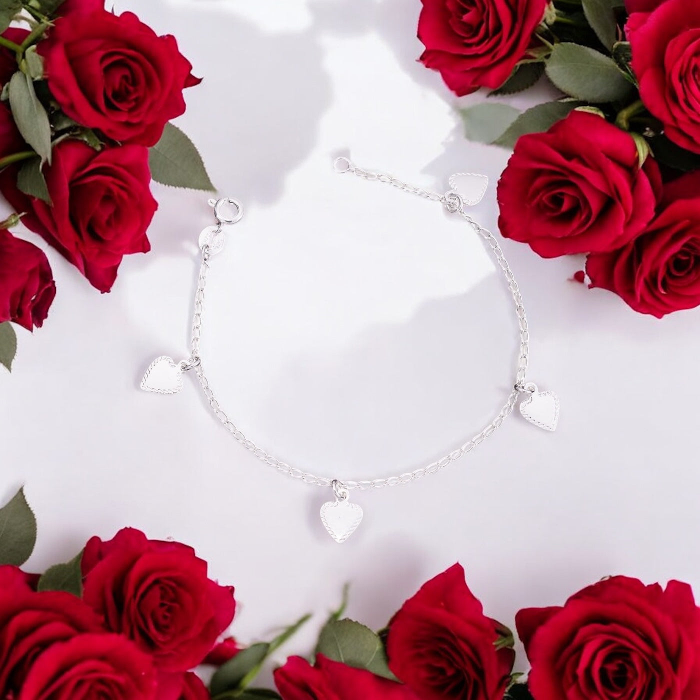 Pulseira Amorzinho com Pingentes de Coração – Prata 925 | 16cm + Extensor