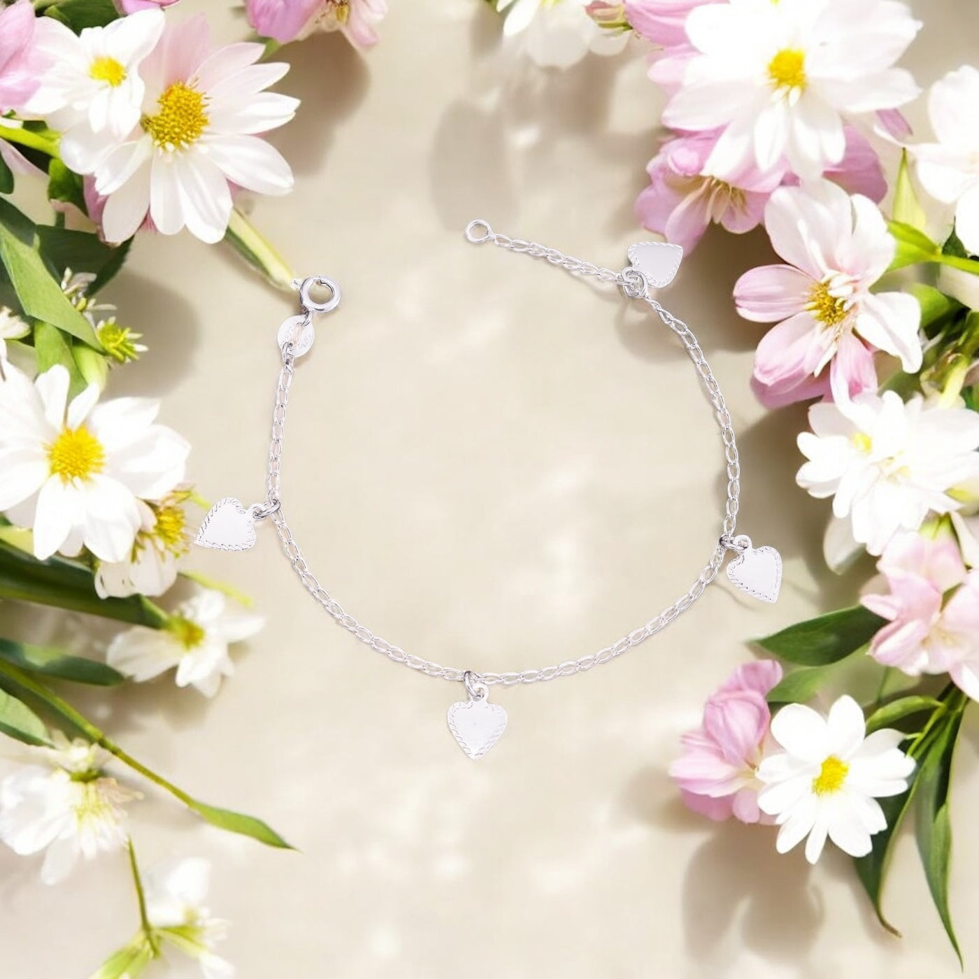 Pulseira Amorzinho com Pingentes de Coração – Prata 925 | 16cm + Extensor
