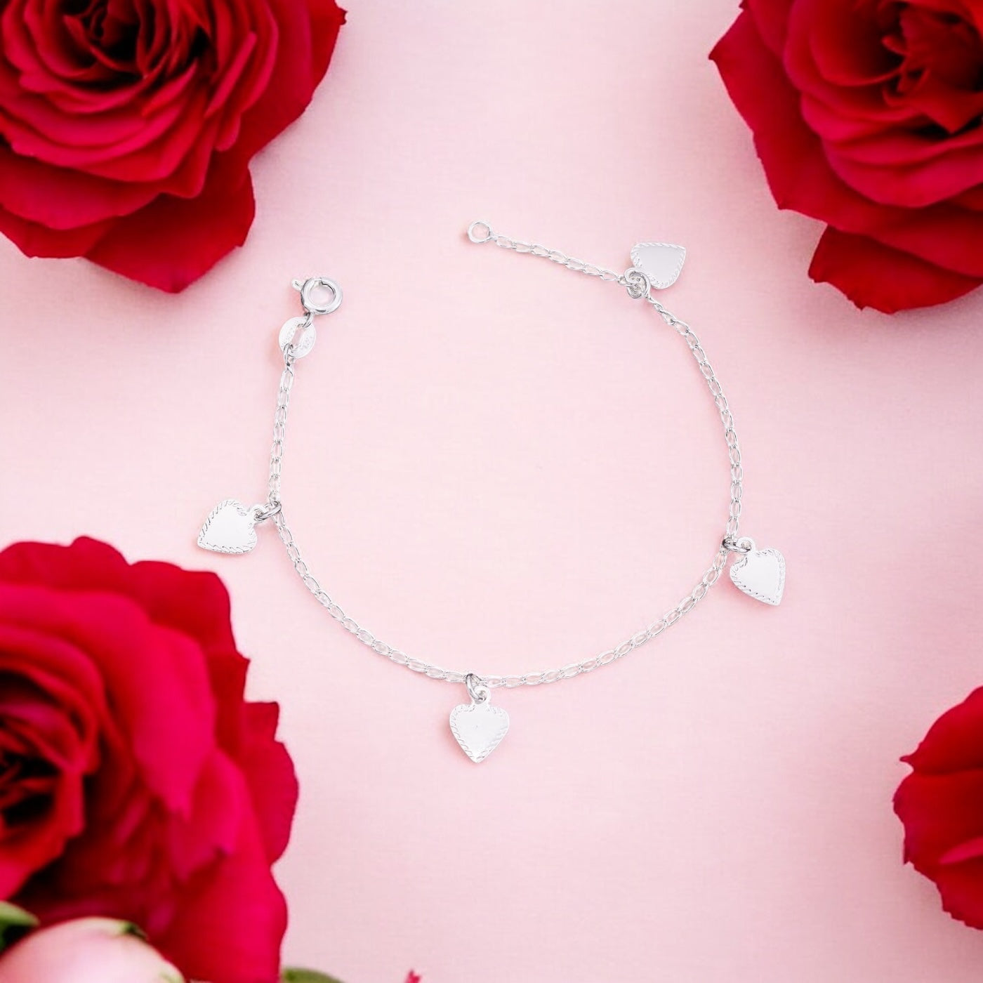 Pulseira Amorzinho com Pingentes de Coração – Prata 925 | 16cm + Extensor