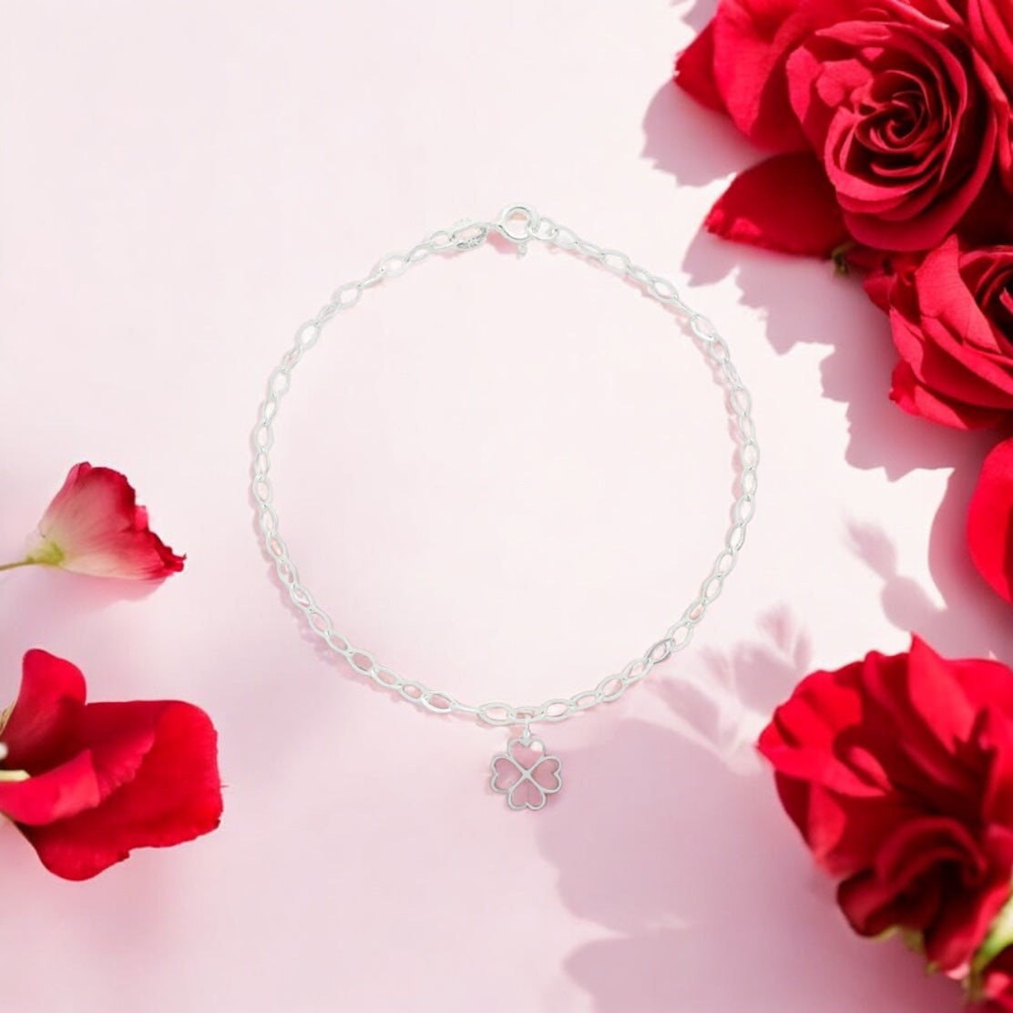 Pulseira Feminina Elo Oval Pingente Trevo 4 Folhas Prata 925