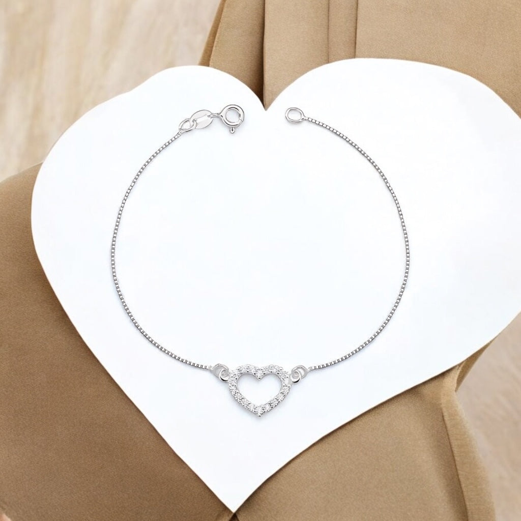 Pulseira Veneziana Coração Cravejado Prata 925 Delicada