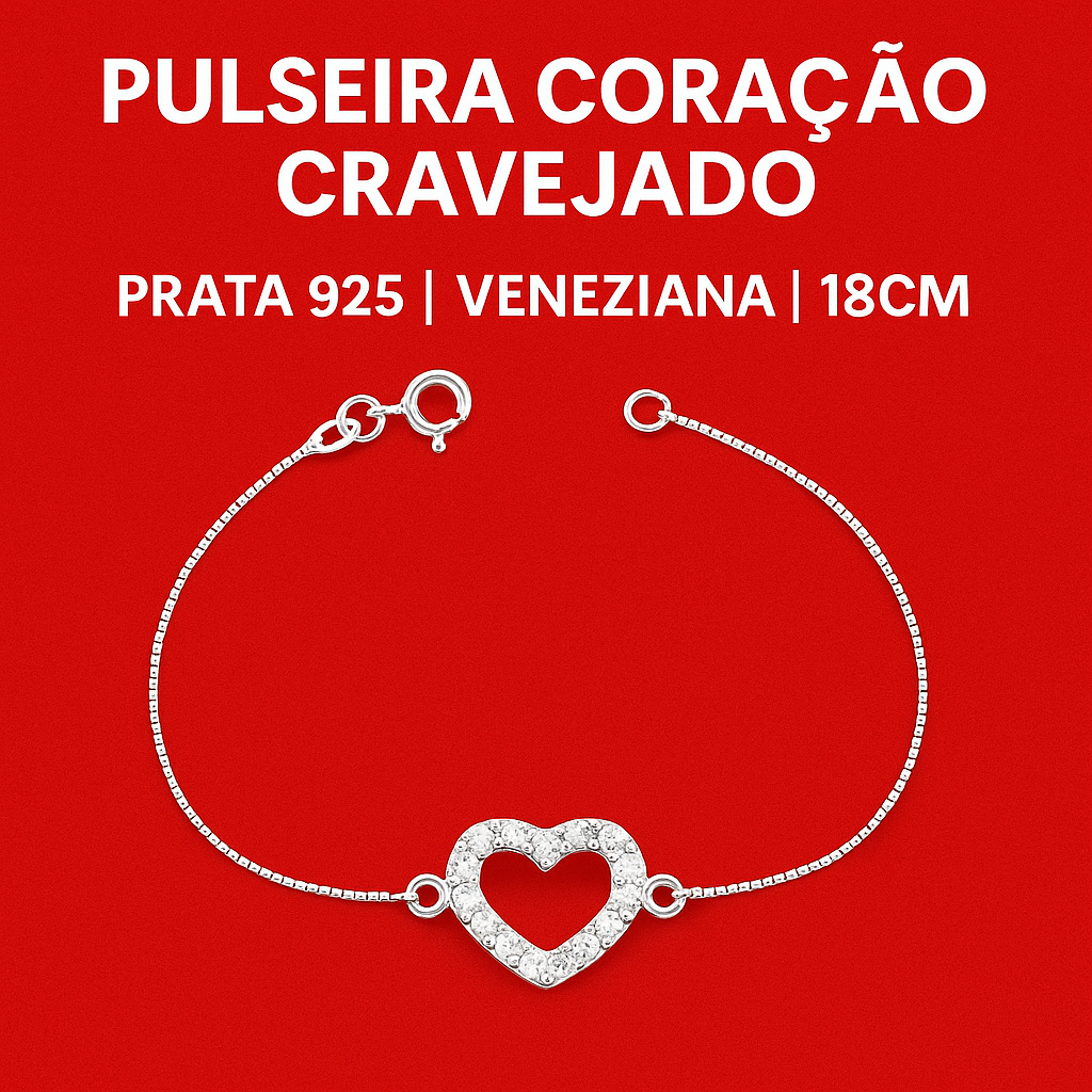 Pulseira Veneziana Coração Cravejado Prata 925 Delicada 18cm