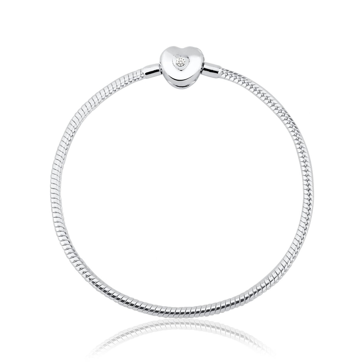 Pulseira 20cm em Prata 925 Para Berloques Estilo Europeu com Fecho Coração Zircônia