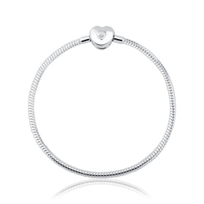 Pulseira 17cm em Prata 925 Para Berloques Estilo Europeu com Fecho Coração Zircônia