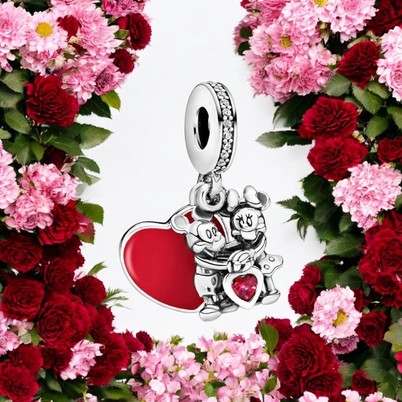 Berloque Mickey e Minnie com Coração Vermelho em Prata 925
