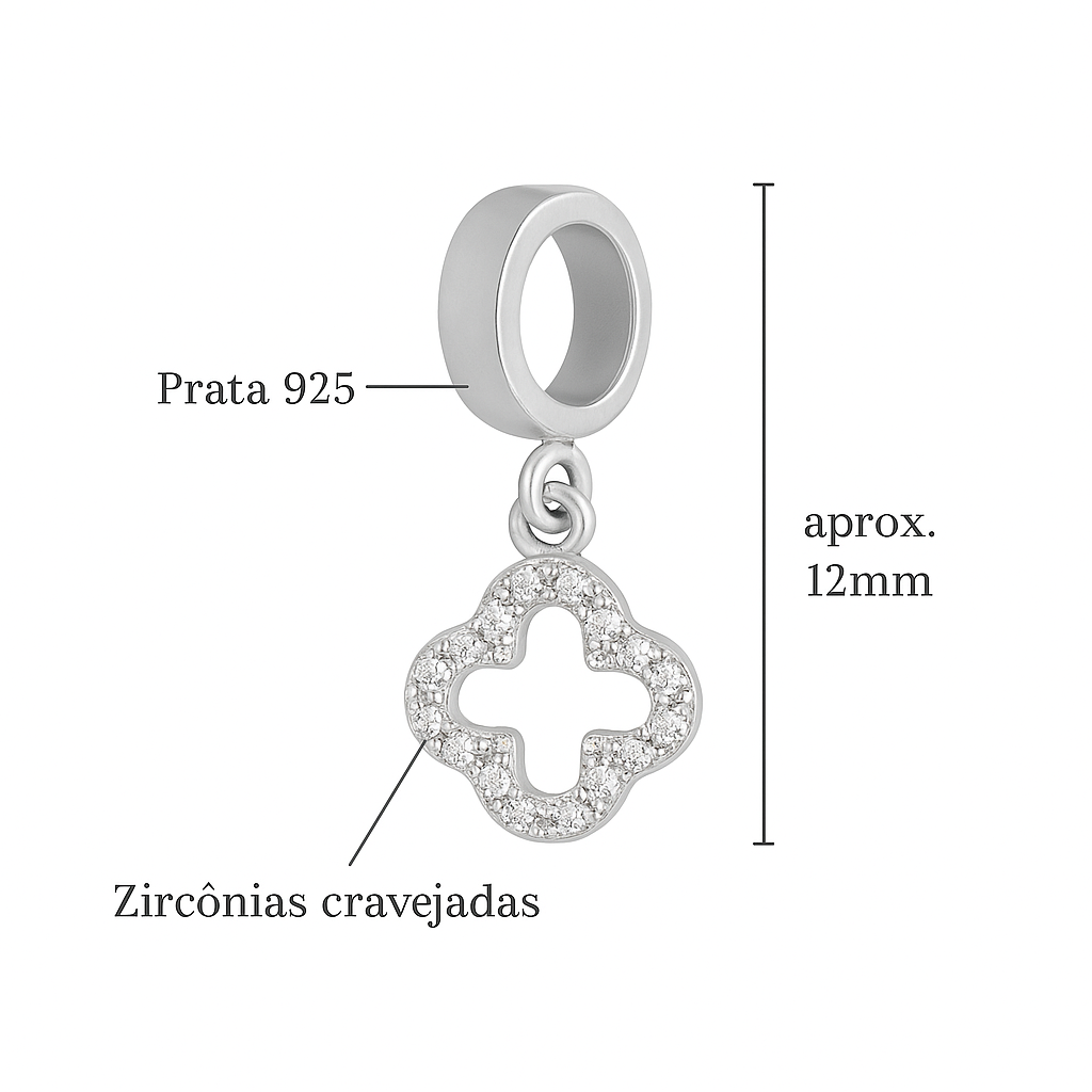 Berloque Trevo Cravejado Amuleto da Sorte Prata 925 Legítima