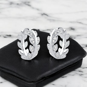 Brinco Argola Click Folhas Cravejadas com Micro Zircônia em Prata 925