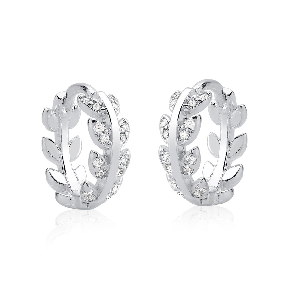 Brinco Argola Click Folhas Cravejadas com Micro Zircônia em Prata 925