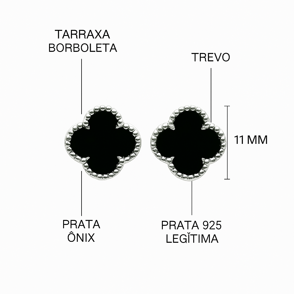 Brinco Trevo Ônix Prata 925 Legítima Elegante E Sofisticado