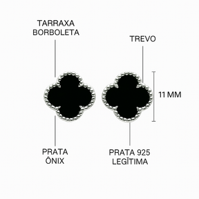 Brinco Trevo Ônix Prata 925 Legítima Elegante E Sofisticado