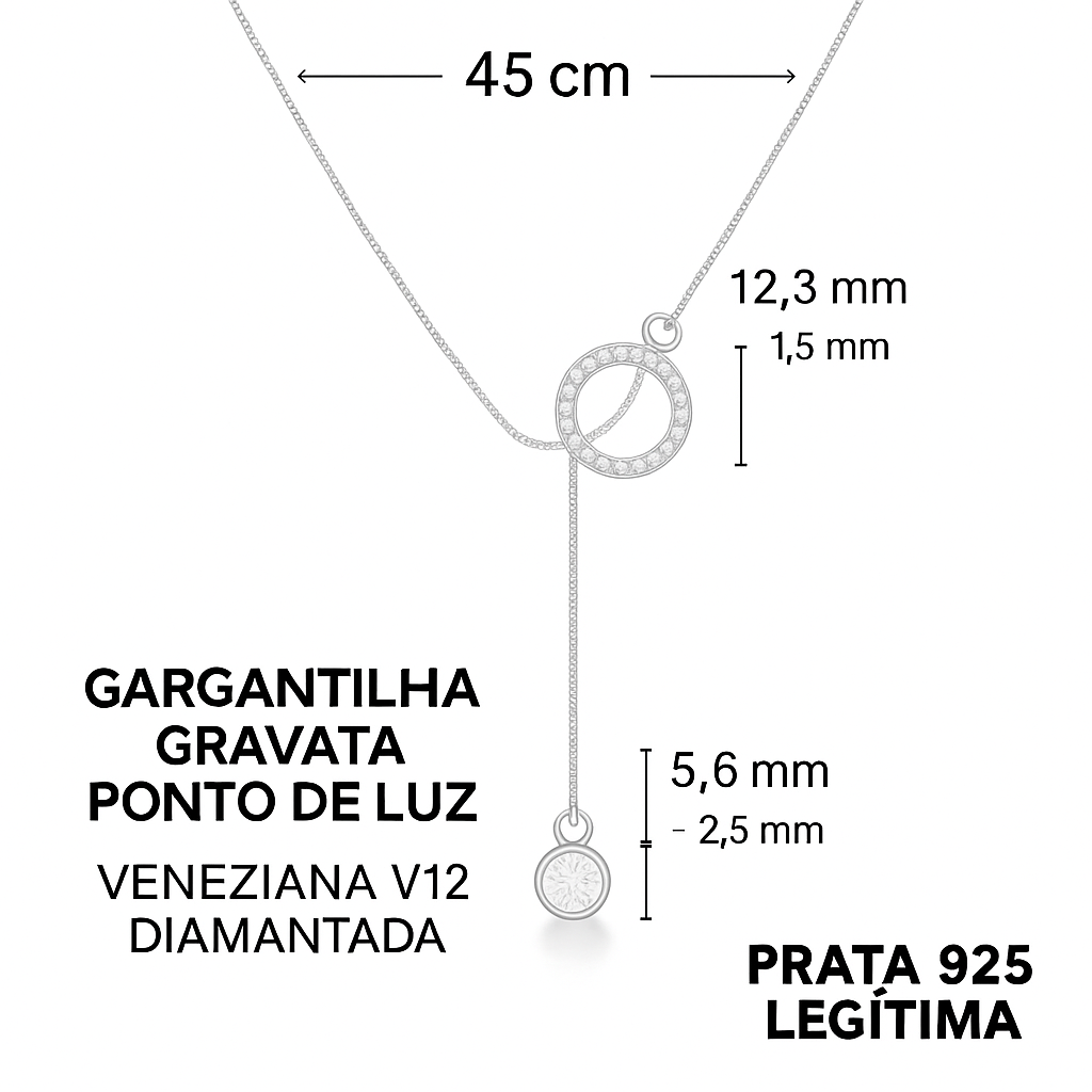 Gargantilha Gravata Prata 925 com Ponto de Luz 45cm