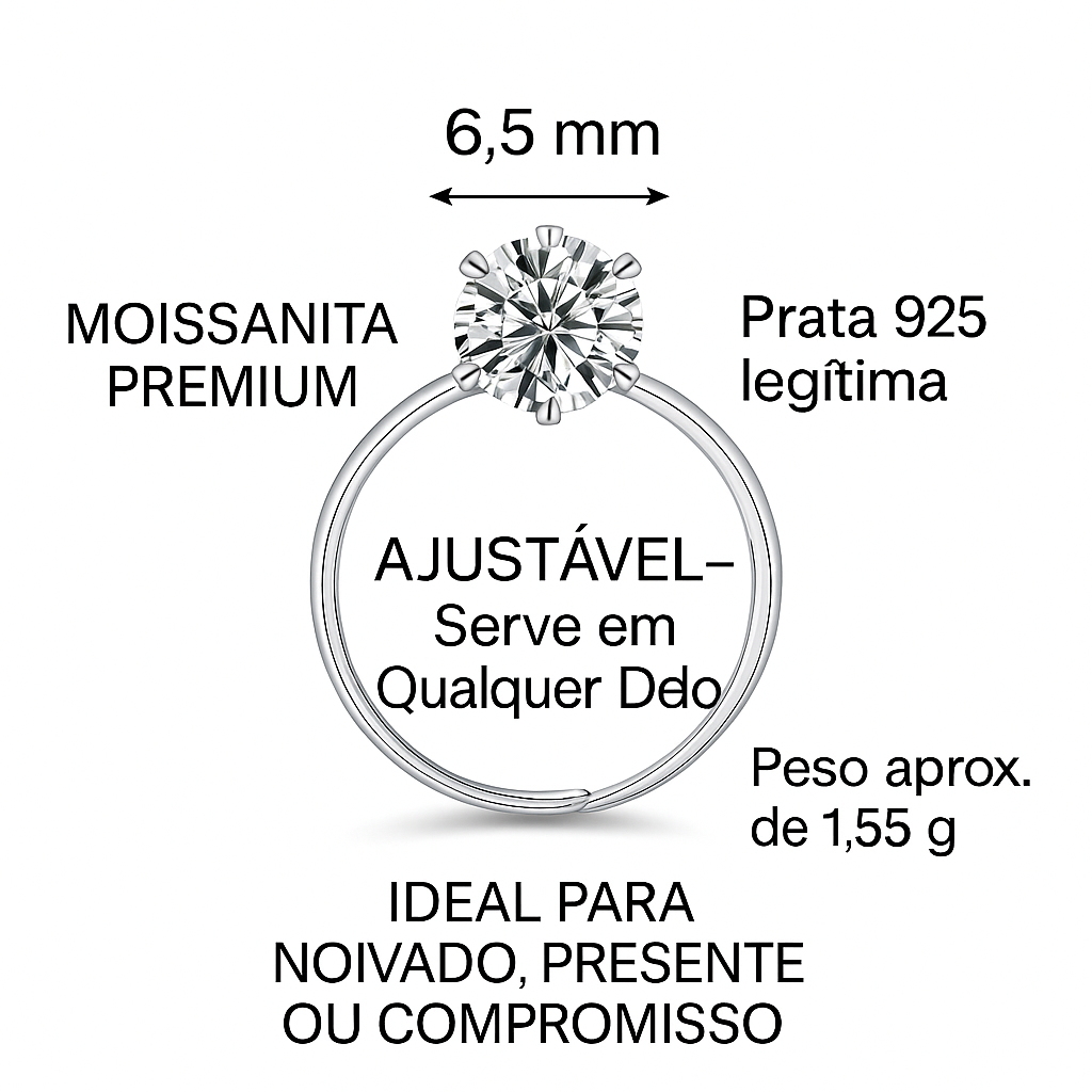 Anel Solitário Ajustável Prata 925 com Moissanite Original