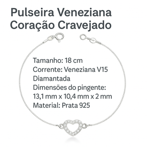 Pulseira Veneziana Coração Cravejado Prata 925 Delicada 18cm