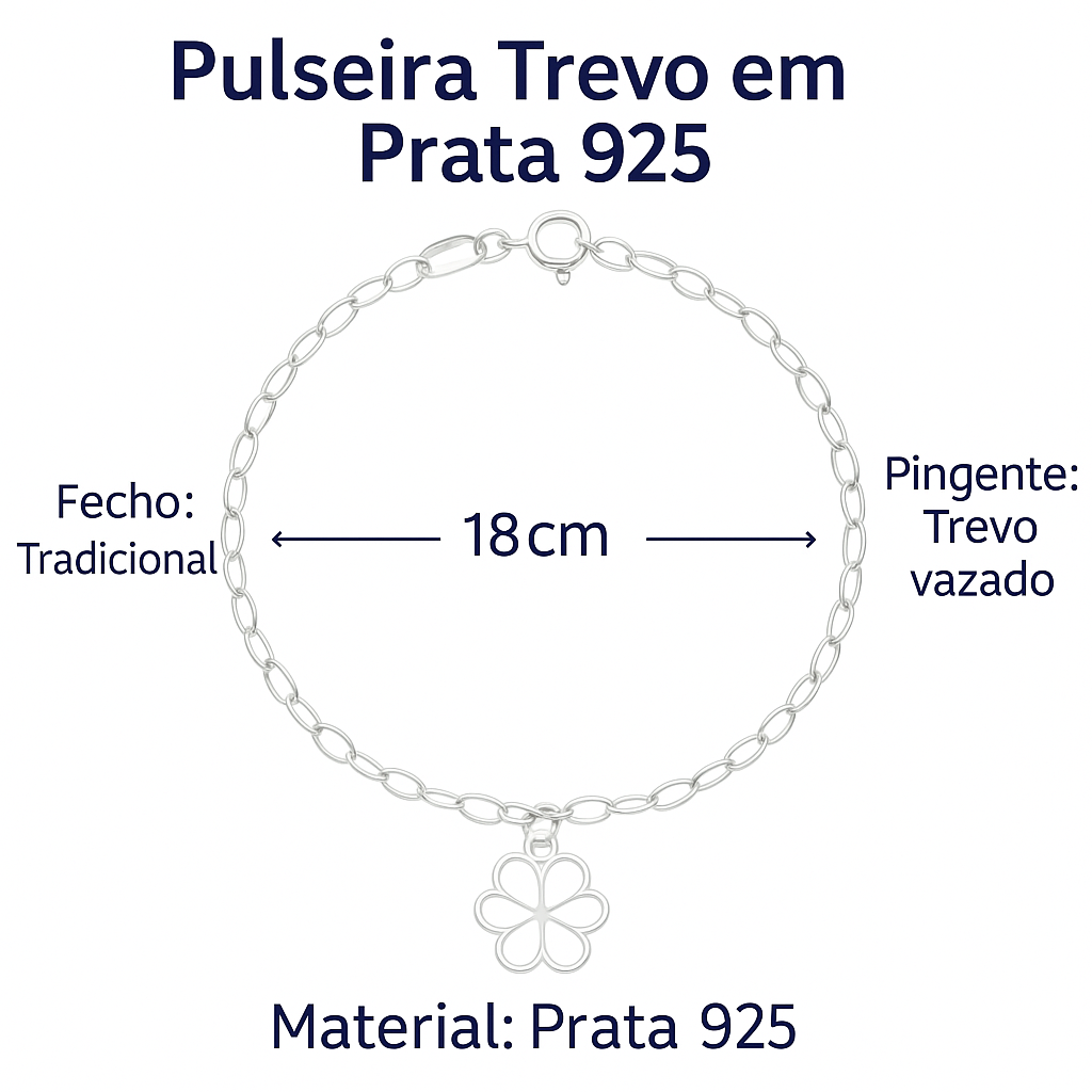 Pulseira Feminina 18cm Elo Oval Pingente Trevo 4 Folhas Prata 925