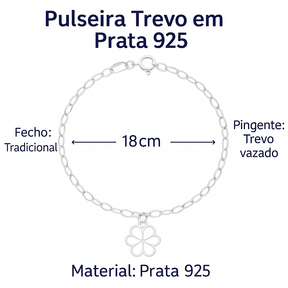 Pulseira Feminina 18cm Elo Oval Pingente Trevo 4 Folhas Prata 925