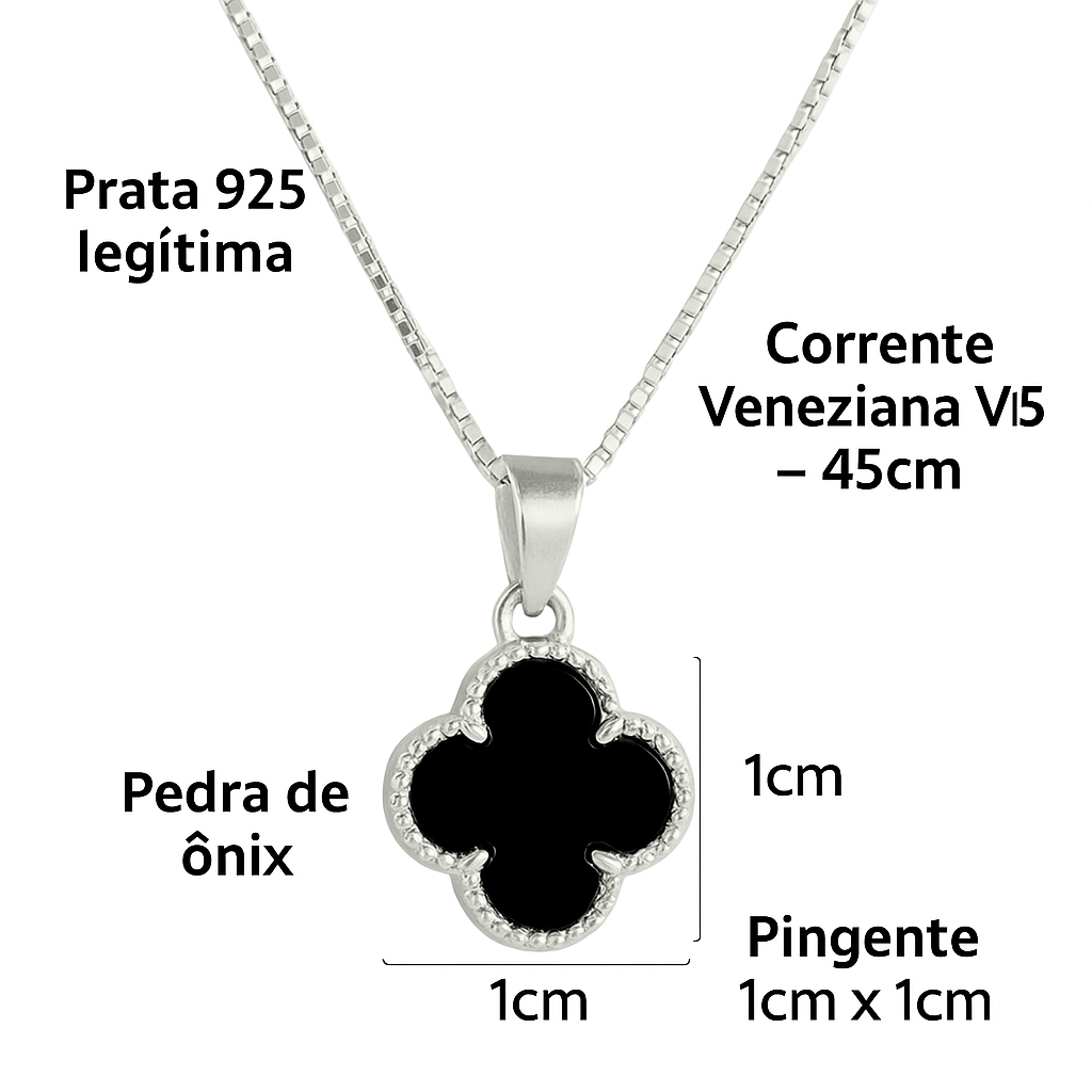 Colar Trevo Ônix Prata 925 45cm Legítima Elegante e Sofisticado