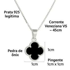 Colar Trevo Ônix Prata 925 45cm Legítima Elegante e Sofisticado