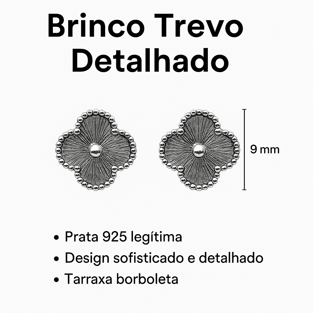 Brinco Trevo Detalhado Prata 925 Elegante e Sofisticado