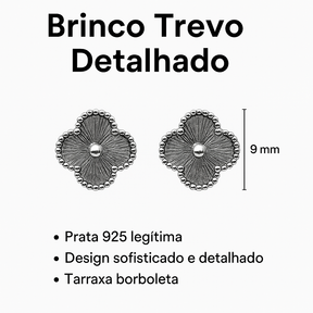 Brinco Trevo Detalhado Prata 925 Elegante e Sofisticado