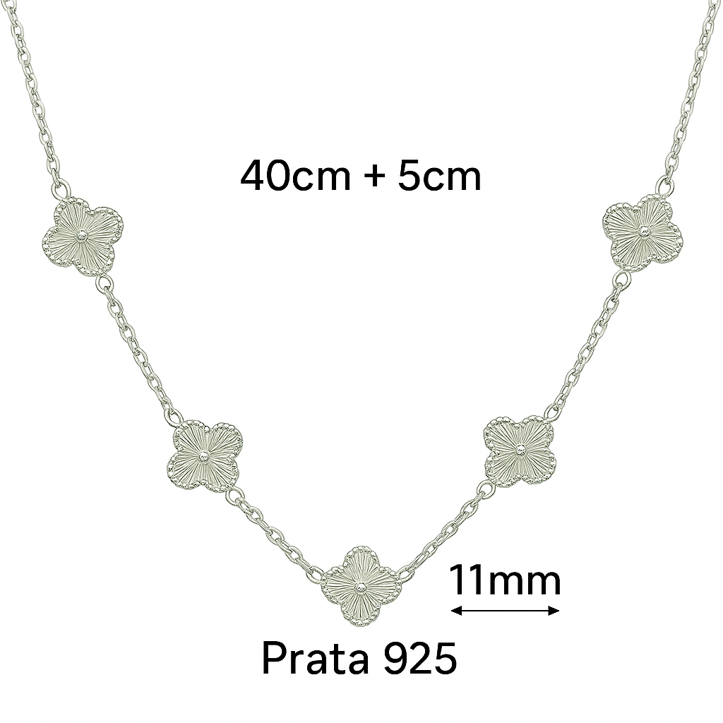 Gargantilha 5 Trevos Detalhados em Prata 925 40+5cm Delicada e Sofisticada