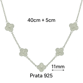 Gargantilha 5 Trevos Detalhados em Prata 925 40+5cm Delicada e Sofisticada