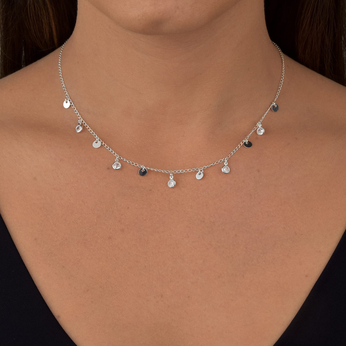 Colar Choker Chapinha Lisa e Zircônia Cristal – Prata 925 - 35cm + Extensor
