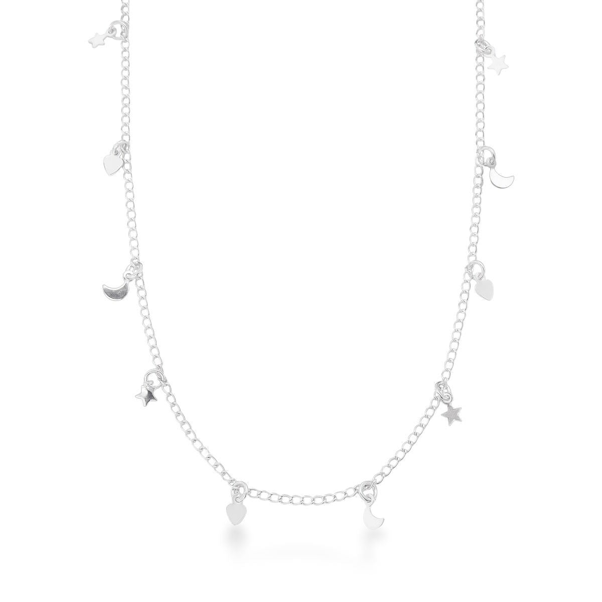 Colar Choker Nina Stars em Prata 925 – Corrente 35cm + Extensor com Pingentes de Coração, Lua e Estrela