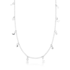 Colar Choker Nina Stars em Prata 925 – Corrente 35cm + Extensor com Pingentes de Coração, Lua e Estrela