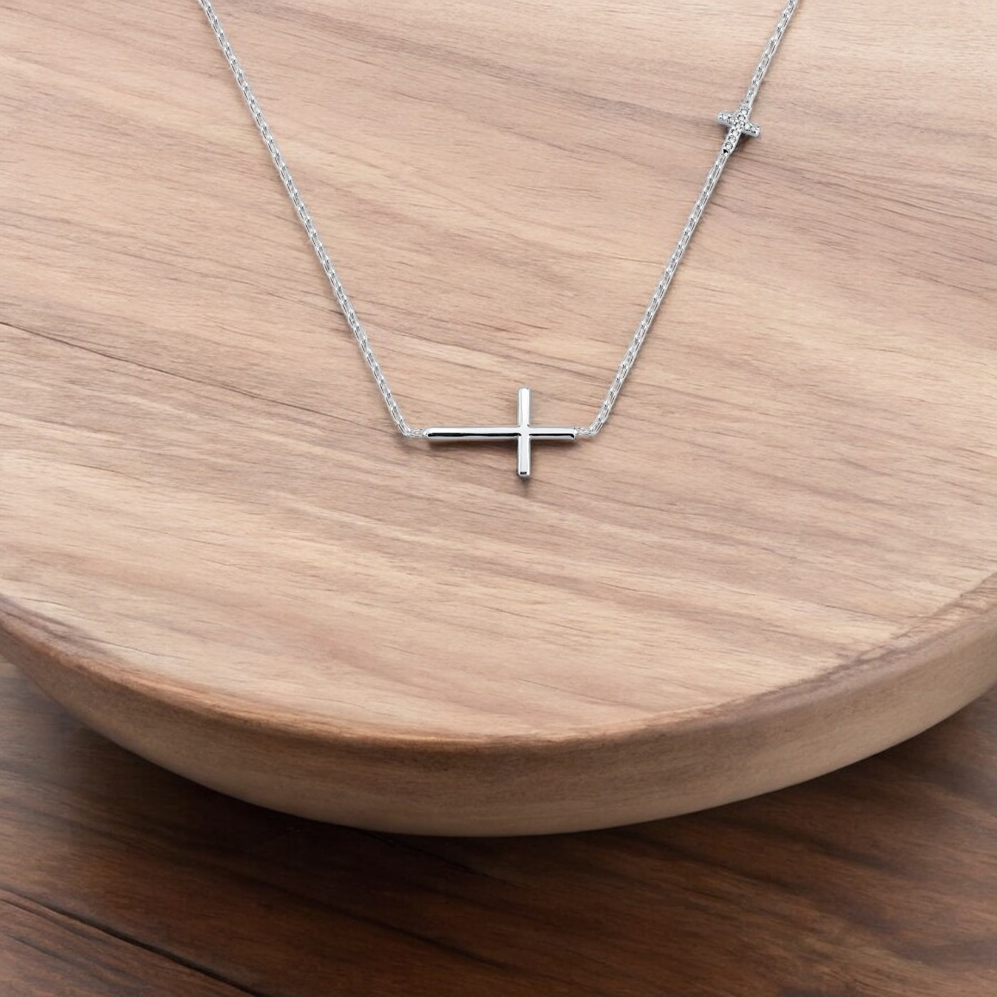 Colar Duas Cruzes com Zircônia Cristal em Prata 925 – 40cm + Extensor