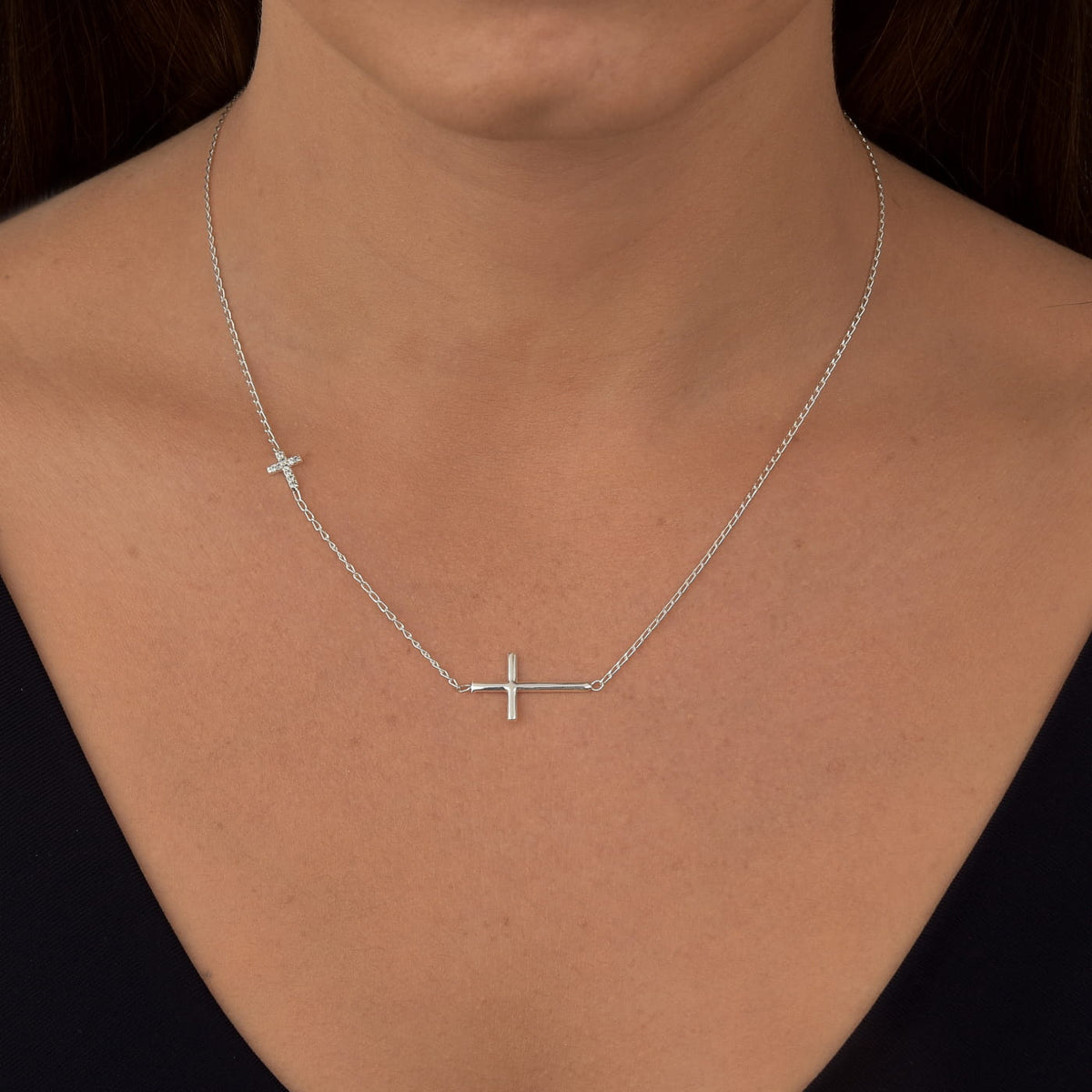 Colar Duas Cruzes com Zircônia Cristal em Prata 925 – 40cm + Extensor