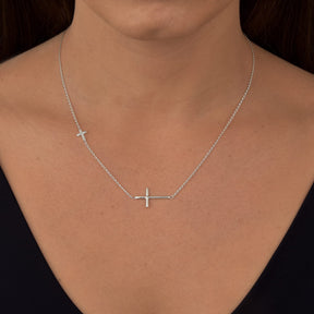 Colar Duas Cruzes com Zircônia Cristal em Prata 925 – 40cm + Extensor